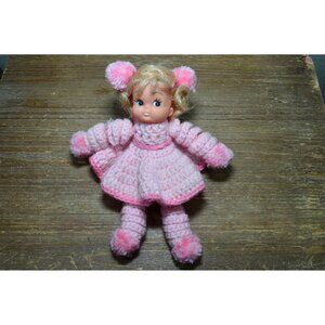 Vintage Kitschy Doll Pink and White Crochet Dress Pompoms Rubber Face Cute Retro